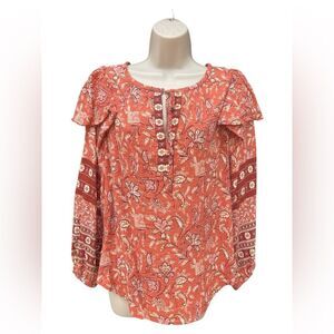 LOFT Rust Floral Print Blouse tie neck Elastic Sleeve Ruffle Shoulder L